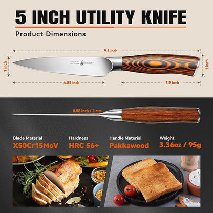 TUO Utility Knife, 5 inch Small Kitchen Knife for Paring & Slicing, with Ergonomic Pakkawood Handle, High Carbon German Stainless Steel - Fiery Phoenix Series