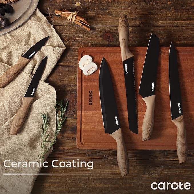 CAROTE 12PCS Knife Set, Stainless Steel Kitchen Knife Set with Nonstick Ceramic Coating, 6 Knives with Blade Guards, Rustproof, Easy-Clean, Black