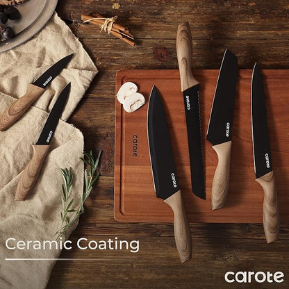 CAROTE 12PCS Knife Set, Stainless Steel Kitchen Knife Set with Nonstick Ceramic Coating, 6 Knives with Blade Guards, Rustproof, Easy-Clean, Black