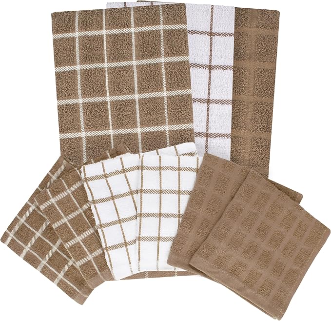 Ritz Premium 3-Pack Kitchen Towel & 6-Pack Dish Cloth Set - Highly Absorbent, Super Soft, Long-Lasting, 100% Cotton Terry Drying Cleaning Cloths, Mocha