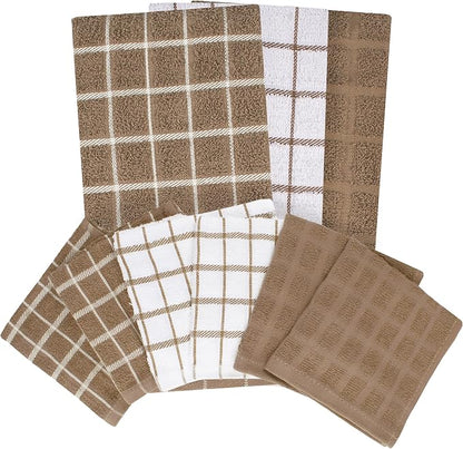 Ritz Premium 3-Pack Kitchen Towel & 6-Pack Dish Cloth Set - Highly Absorbent, Super Soft, Long-Lasting, 100% Cotton Terry Drying Cleaning Cloths, Mocha