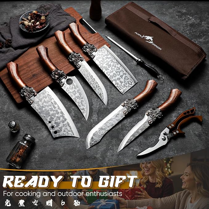 Purple Dragon Butcher Knife Set Tiger-Head, 8 PCS Japanese Chef Knife Set with Roll Bag, Meat Cleaver Boning Viking Knives, Sharp Kitchen Knives for Home, Outdoor, Camping BBQ Christmas Gift for Men