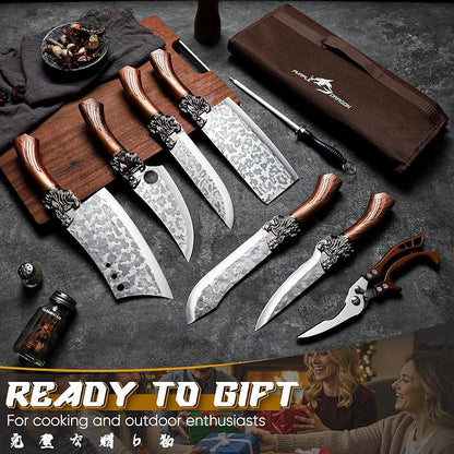 Purple Dragon Butcher Knife Set Tiger-Head, 8 PCS Japanese Chef Knife Set with Roll Bag, Meat Cleaver Boning Viking Knives, Sharp Kitchen Knives for Home, Outdoor, Camping BBQ Christmas Gift for Men