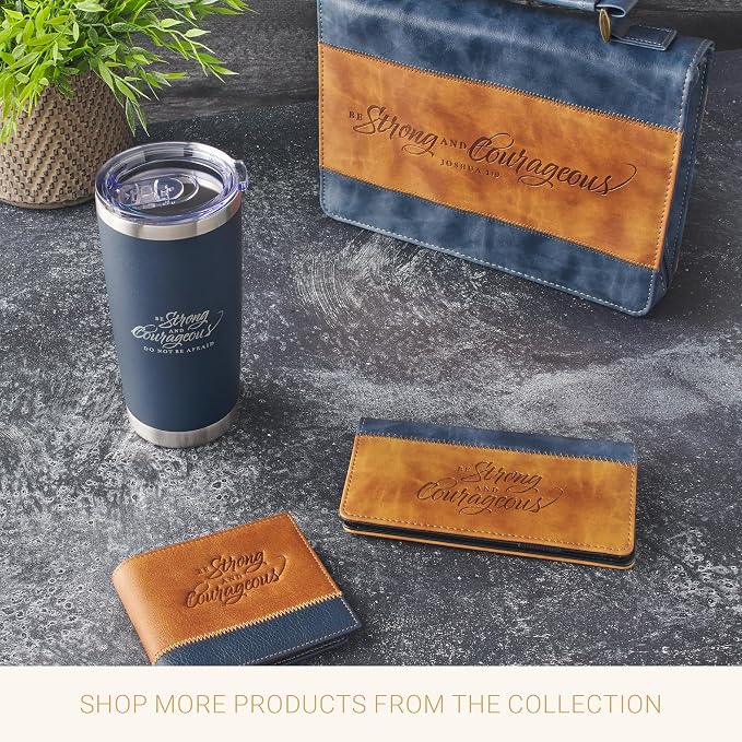 Christian Art Gifts Large Stainless Steel Scripture Tumbler Travel Mug for Men & Women: Strong & Courageous Inspirational Bible Verse, Double-wall Vacuum Insulated & Lid, Hot/Cold, Navy Blue, 18 oz.