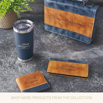 Christian Art Gifts Large Stainless Steel Scripture Tumbler Travel Mug for Men & Women: Strong & Courageous Inspirational Bible Verse, Double-wall Vacuum Insulated & Lid, Hot/Cold, Navy Blue, 18 oz.
