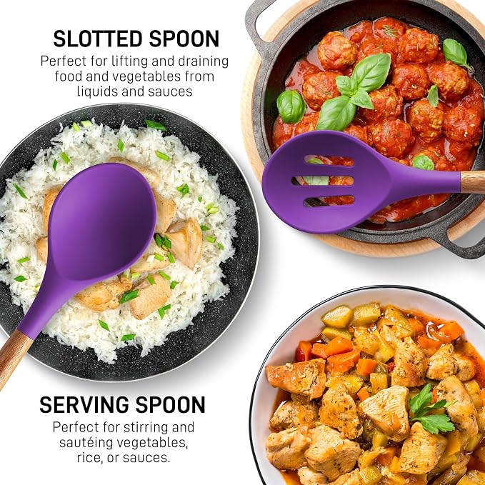 Zulay Kitchen Non-Stick Cooking Utensils Set with Authentic Acacia Wood Handles – 5-Piece Durable & Stylish Silicone Kitchen Utensils Set – Heat Resistant to 464°F – Purple
