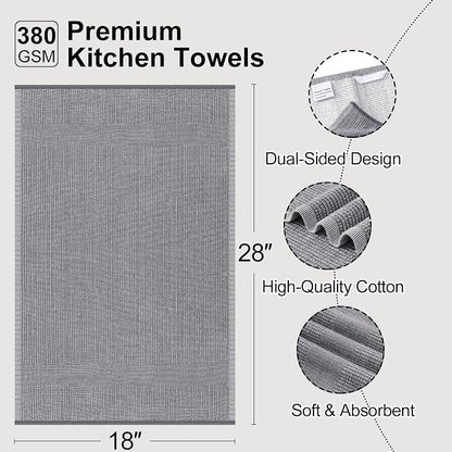 Mordimy Premium Kitchen Towels 12 Pack (18 x 28 Inches, Grey/Khaki/Black), Large Cotton Flat & Terry Kitchen Hand Towel, Super Absorbent Tea Dishtowels Set with Hanging Loop