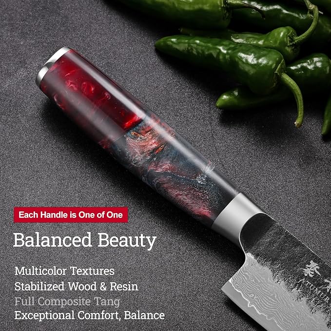 Japanese Chef Knife, 8 Inch VG10 Damascus Kitchen Knife, Professional Black Forged Kitchen Knives with Red Ergonomic Handle, Leather Sheath & Luxury Gift box, Perfect Birthday Gifts for Women Mom