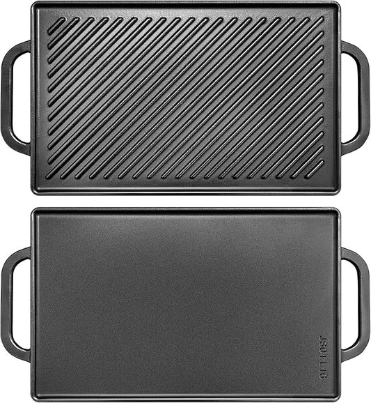 GGC Cast Iron Reversible Grill Griddle，Double Sided Grill Pan Perfect for Gas Grills and Stove Tops, 13 x 8.25 Rectangular Baking Flat and Ribbed Griddle Plate