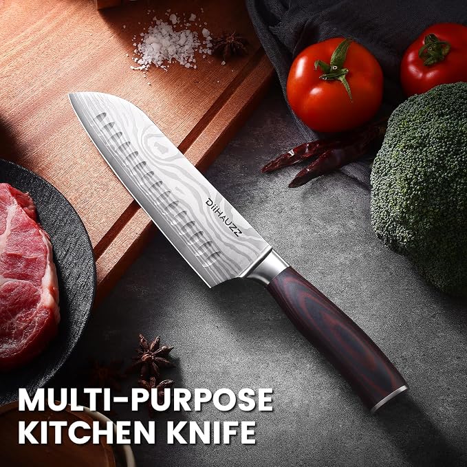 DiiHAUZZ Santoku Knife 7 Inch, Japanese Chef Knife with Ultra Sharp Hollow Edge, High Carbon Steel Forged Professional Kitchen Knives with Ergonomic Pakkawood Handle and Sheath, Gift Box