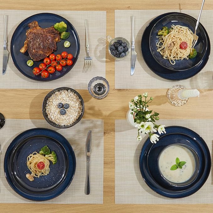 Pokini Plates and Bowls Sets, 16 Pieces Dinnerware Set for 4 with Pasta Bowls, Handmade Dishes Set, Chip Resistant Dishware Sets, Microwave Safe Dinner Set, Designed for Interactive Meals, Starry Blue