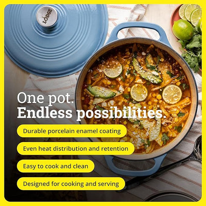 Lodge 3 Quart Enameled Cast Iron Dutch Oven with Lid – Dual Handles – Oven Safe up to 500° F or on Stovetop - Use to Marinate, Cook, Bake, Refrigerate and Serve – Storm Blue