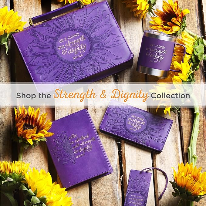 Christian Art Gifts Stainless Steel Double Wall Vacuum Insulated Camp Style Travel Mug 11 oz Purple Coffee Mug with Lid for Women - She is Clothed with Strength & Dignity -Proverbs 31:25