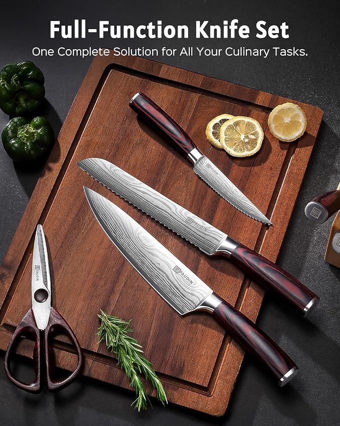 PAUDIN Kitchen Knife Set with Block, 14 Pieces Knife Sets for Kitchen with Block, High Carbon German Stainless Steel Sharp Chef Knife Set with Ergonomic Pakkawood Handle