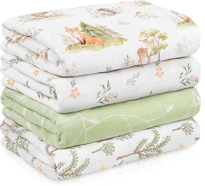 Muslin Swaddle Blankets for Newborn, 4 Pack Cotton Baby Blankets Neutral, Large 31.5 x 43.3 Breathable Soft Receiving Blanket, Essentials Swaddle Wrap Burping Clothes, Green Jungle Animal