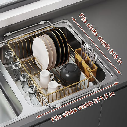JASIWAY Gold Dish Drying Rack in Sink, Expandable Stainless Steel Dish Drainers for Kitchen Counter, Dish Dryer Rack for Inside Sink, Over The Sink Dish Racks with Utensil Holder
