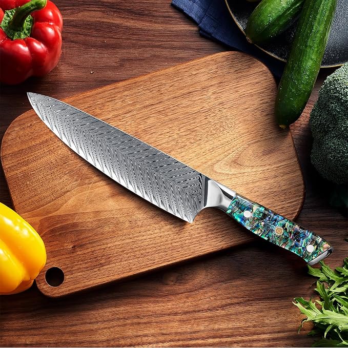 SENKEN Damascus Steel 8" Chef Knife with Real Deep-Sea Abalone Shell Handle - Umi Collection - 67-Layer Japanese VG10 Forged Steel Blade, Integrated Full-Tang Molding, Angled Bolster (8" Chef Knife)