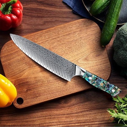 SENKEN Damascus Steel 8" Chef Knife with Real Deep-Sea Abalone Shell Handle - Umi Collection - 67-Layer Japanese VG10 Forged Steel Blade, Integrated Full-Tang Molding, Angled Bolster (8" Chef Knife)