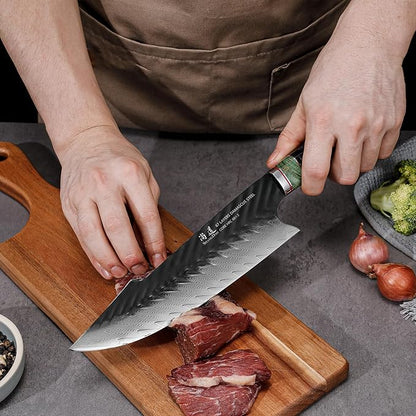 SHANGDAO Damascus Chef Knife 8 Inch,67 Layers Alloy Steel Professional Kitchen Knives with Leather Sheath, Hand Forged Resin & Wood Handle QILIN Series