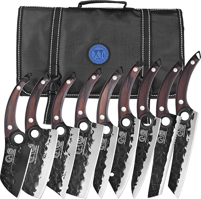 XYJ Professional Kitchen Knife Set with High-Carbon Steel Forged Blades, Chef's Knife, Cleaver, Carving Knife, Nakiri, Full Tang Design, Includes Carrying Bag & Poultry Scissors