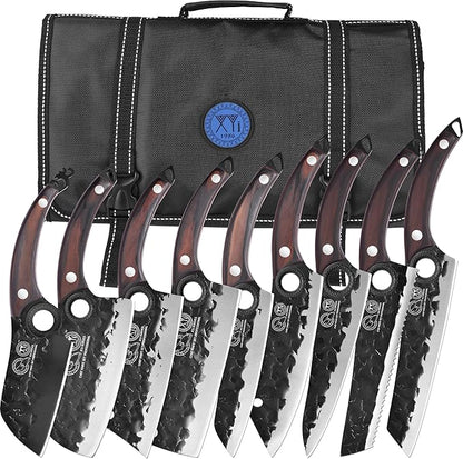 XYJ Professional Kitchen Knife Set with High-Carbon Steel Forged Blades, Chef's Knife, Cleaver, Carving Knife, Nakiri, Full Tang Design, Includes Carrying Bag & Poultry Scissors