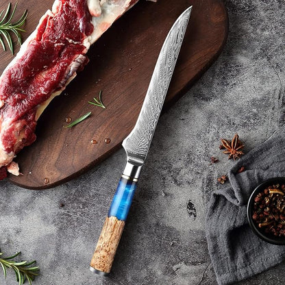 XITUO VG10 Damascus Steel 4-Piece Japanese Chef Knife Set, Blue Resin & Wood Handle, 8" Chef Knife, 8" Bread Knife, 6" Boning Knife, 5" Utility Knife, Gift Box
