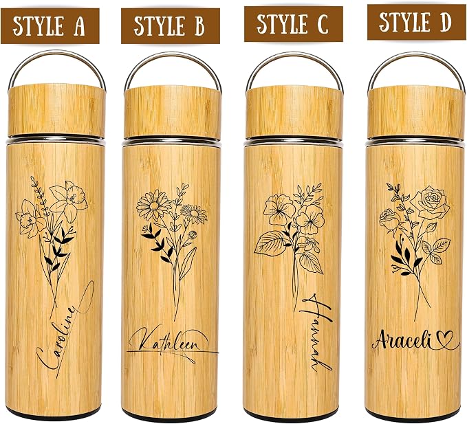 Custom Bamboo Water Bottle Personalized Bamboo Tumbler Engraved with Tea Infuser Insulated Bamboo Tea Infuser Mug Unique Gifts for Women, Mom, Coworkers (Birth Flower+Signature) (Style A)