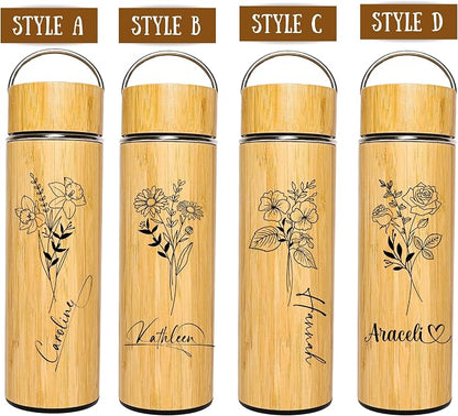 Custom Bamboo Water Bottle Personalized Bamboo Tumbler Engraved with Tea Infuser Insulated Bamboo Tea Infuser Mug Unique Gifts for Women, Mom, Coworkers (Birth Flower+Signature) (Style A)