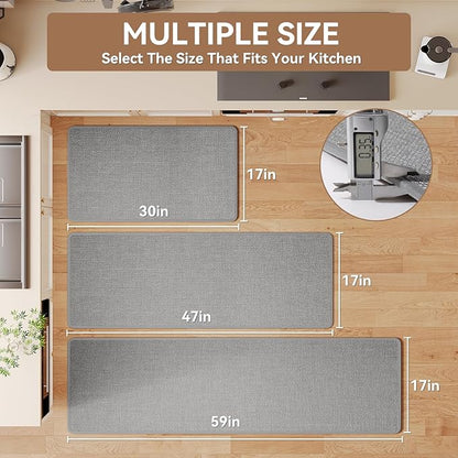 YDKGL Kitchen Mat Kitchen Rugs Sets of 2 PCS Non Slip Washable, Linen-Like 0.3" Thick Cushioned Absorbent Kitchen Mats for Floor, Mild Anti-Fatigue Sink Laundry Standing Mat, Gray 17"x30"+17"x47"