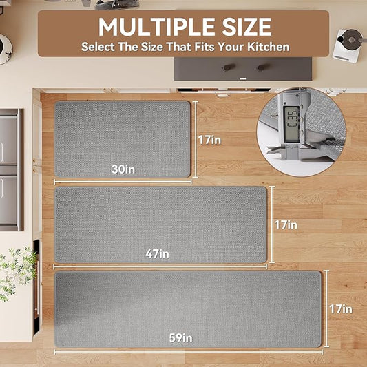YDKGL Kitchen Mat Kitchen Rugs Sets of 2 PCS Non Slip Washable, Linen-Like 0.3" Thick Cushioned Absorbent Kitchen Mats for Floor, Mild Anti-Fatigue Sink Laundry Standing Mat, Gray 17"x30"+17"x47"