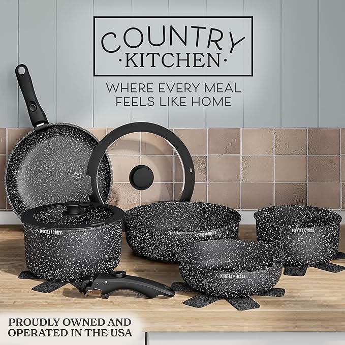 Country Kitchen Cookware Set with Removable Handle, Oven & RV Safe Pots and Pans Set, Black, Original