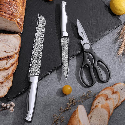 Knife Set, Astercook 15 Pieces Kitchen Knife Set with Built-in Sharpener, German Stainless Steel Knife Block Set, Razor-Sharp Knives with Full-tang Handle, Dishwasher Safe