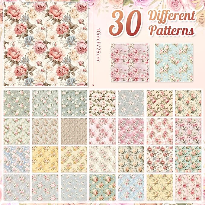 Tatuo 30 Pieces 10 x 10 Inches Rose Floral Cotton Fabric Bundle Squares Patchwork Floral Fabric Sewing Quilting Bundles Assorted Pattern Cloth for DIY Scrapbook Craft Making