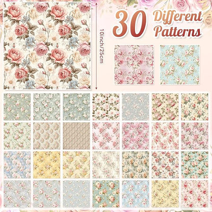 Tatuo 30 Pieces 10 x 10 Inches Rose Floral Cotton Fabric Bundle Squares Patchwork Floral Fabric Sewing Quilting Bundles Assorted Pattern Cloth for DIY Scrapbook Craft Making