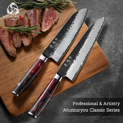 Japanese Chef Knife, 7 Inch Hand Forged Santoku Knife with VG10 Steel, Chefs Knives for Professional & Home Kitchen, Sharp Kitchen Knives with Red Ergonomic Handle, Cooking Gifts for Men and Women