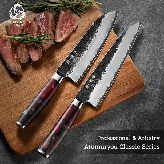 Japanese Chef Knife, 7 Inch Hand Forged Santoku Knife with VG10 Steel, Chefs Knives for Professional & Home Kitchen, Sharp Kitchen Knives with Red Ergonomic Handle, Cooking Gifts for Men and Women