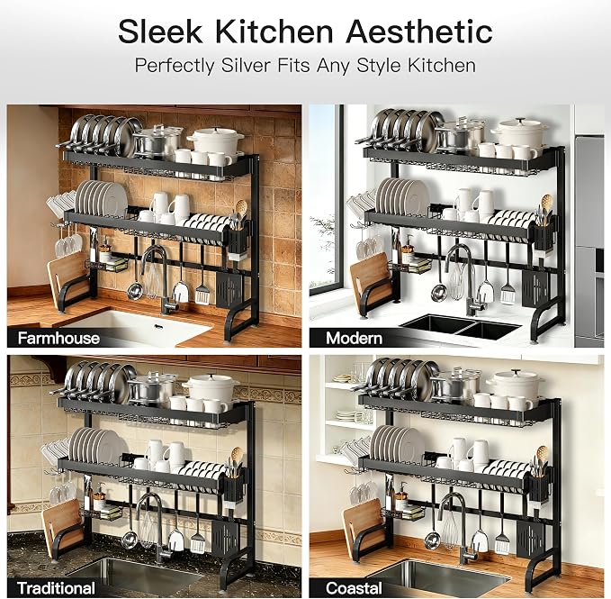 MAJALiS 3 Tier Extra Large Stainless Steel Expandable Over The Sink Dish Drainer Drying Rack, Rust Proof Metal, Space Saving, Modern Black Big Capacity Extendable Plate Strainers Above Counter