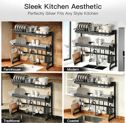 MAJALiS 3 Tier Extra Large Stainless Steel Expandable Over The Sink Dish Drainer Drying Rack, Rust Proof Metal, Space Saving, Modern Black Big Capacity Extendable Plate Strainers Above Counter