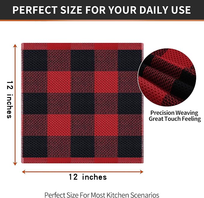 Homaxy 100% Cotton Waffle Weave Check Plaid Dish Cloths, 12 x 12 Inches, Super Soft and Absorbent Dish Towels Quick Drying Dish Rags, 12-Pack, Black & Red