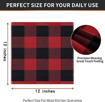 Homaxy 100% Cotton Waffle Weave Check Plaid Dish Cloths, 12 x 12 Inches, Super Soft and Absorbent Dish Towels Quick Drying Dish Rags, 12-Pack, Black & Red
