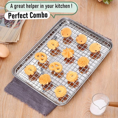 Homikit Baking Sheet with Wire Rack Set (1 Pan+1 Rack), 12" x 10" Stainless Steel Quarter Sheet Pan with Grid Cooling Rack for Toaster Oven Roasting, Metal Bacon Cookie Trays Nonstick Jelly Roll Pan