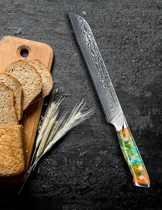 8” Bread Knife Serrated Kitchen Chef Knife - Damascus Steel & Resin Handle - Xuan Series(Fantasy Orange)