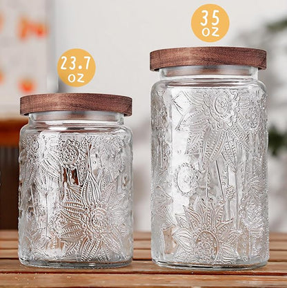 Custde Glass Storage Jars With Airtight Lid, 23.7oz Container For Kitchen Counter with Wooden Lid, brown sugar, candy, coffee, cookie, salt, tea, cute Jar (35oz Large Begonia Flowers)