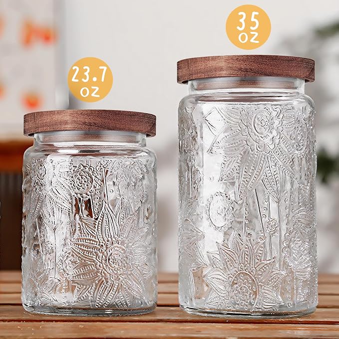 Custde Glass Storage Jars With Airtight Lid, 35oz Container For Kitchen Counter with Wooden Lid, brown sugar, candy, coffee, cookie, salt, tea, cute Jar (35oz Large Sunflower)
