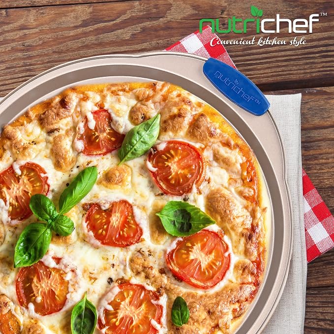 NutriChef 13-Inch Non-Stick Pizza Tray with Silicone Handle - Perforated Carbon Steel, Dishwasher Safe, PFOA Free - Champagne Gold - 12 Pack