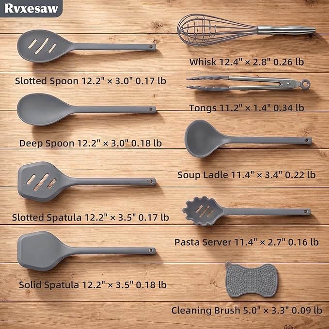 Kitchen Utensils Set,9 PCS Silicone Cooking Utensils Set Spatula Set,Non Toxic Cooking Utensils,Tongs,Spoon,Whisk,Brush,BPA Free Kitchen Gadgets for Non-Stick Cookware,Home Essential(Gray-9P)