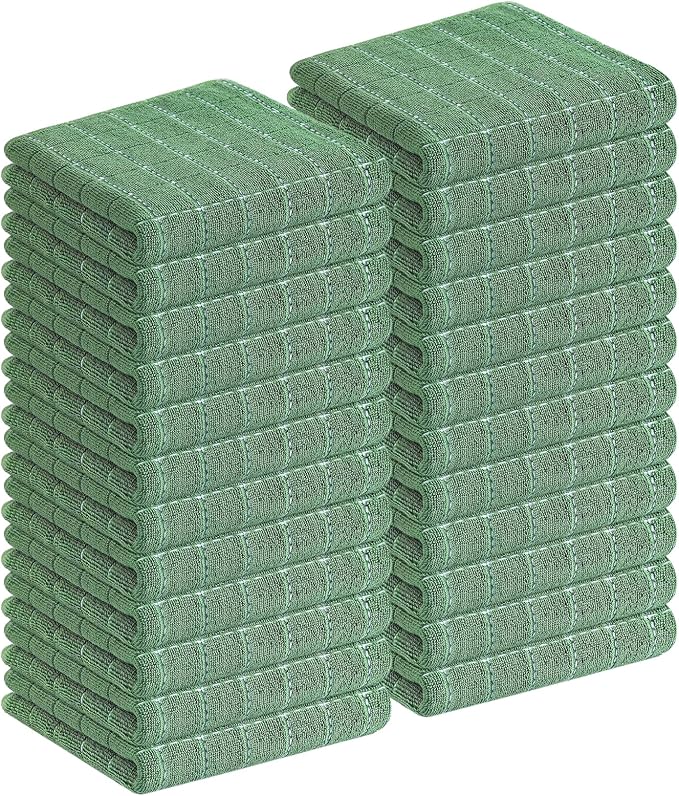 Homaxy 100% Cotton Terry Kitchen Towels(Grass Green, 13 x 28 inches), Checkered Designed, Soft and Super Absorbent Dish Towels, 24 Pack