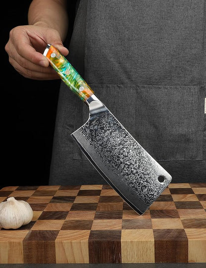 Chopping Knife - 7 inch Cleaver Knife- Xuan Series - VG10 Damascus Steel Kitchen Knife - Resin Handle (Fantasy Orange)