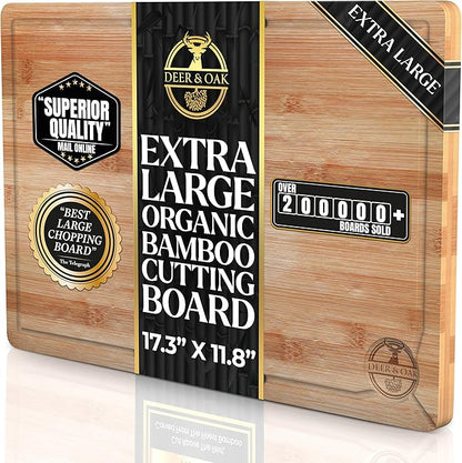 Deer & Oak Premium Extra Large Bamboo Cutting Board - 17.3" x 11.8" x 0.8" Wooden Chopping Board for Meat and Vegetables, Pre-Oiled, Water Resistant, Knife Friendly