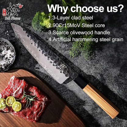 8 Inch Japanese Chef Knife, Hand Forged High Carbon Steel Gyuto Kitchen Knife for Meat Vegetables Cutting, Professional Cooking Knife with Olive Wood Octagonal Handle & Gift Box